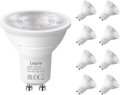 Lepro GU10 LED Kaltweiß 6W Lampe, 6500K Tageslichtweiß, 630 Lumen, 38° Abstrahlwinkel, Nicht dimmbar Reflektorlampe, Energiesparendes GU10 LED Leuchtmittel für Büro, Arbeitszimmer, Flur,8 Stück