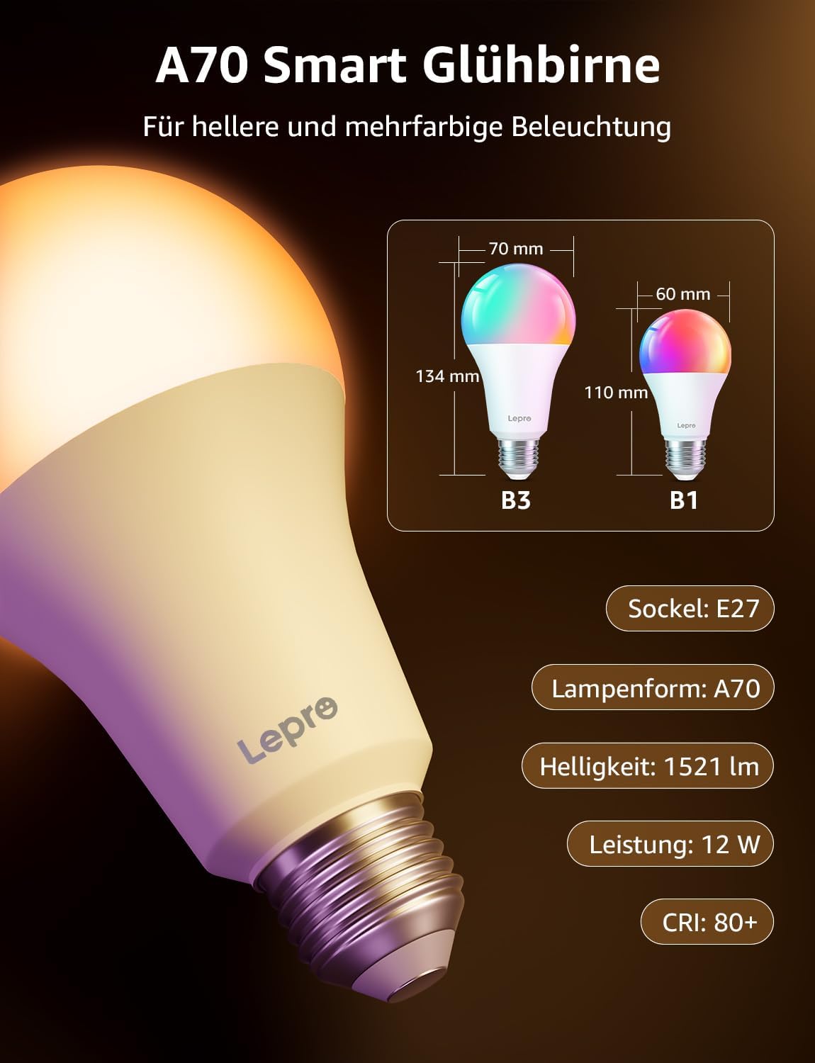 Lepro Al Smart Glühbirne B3, E27 WLAN/Bluetooth Smart Bulb 1521lm Dimmbar, Foto-zu-Licht, Personalisierter KI-Lichtdesigner, Sprachsteuerung/Musik Sync, Kompatibel mit Alexa/Google Assistant, 2 Stück