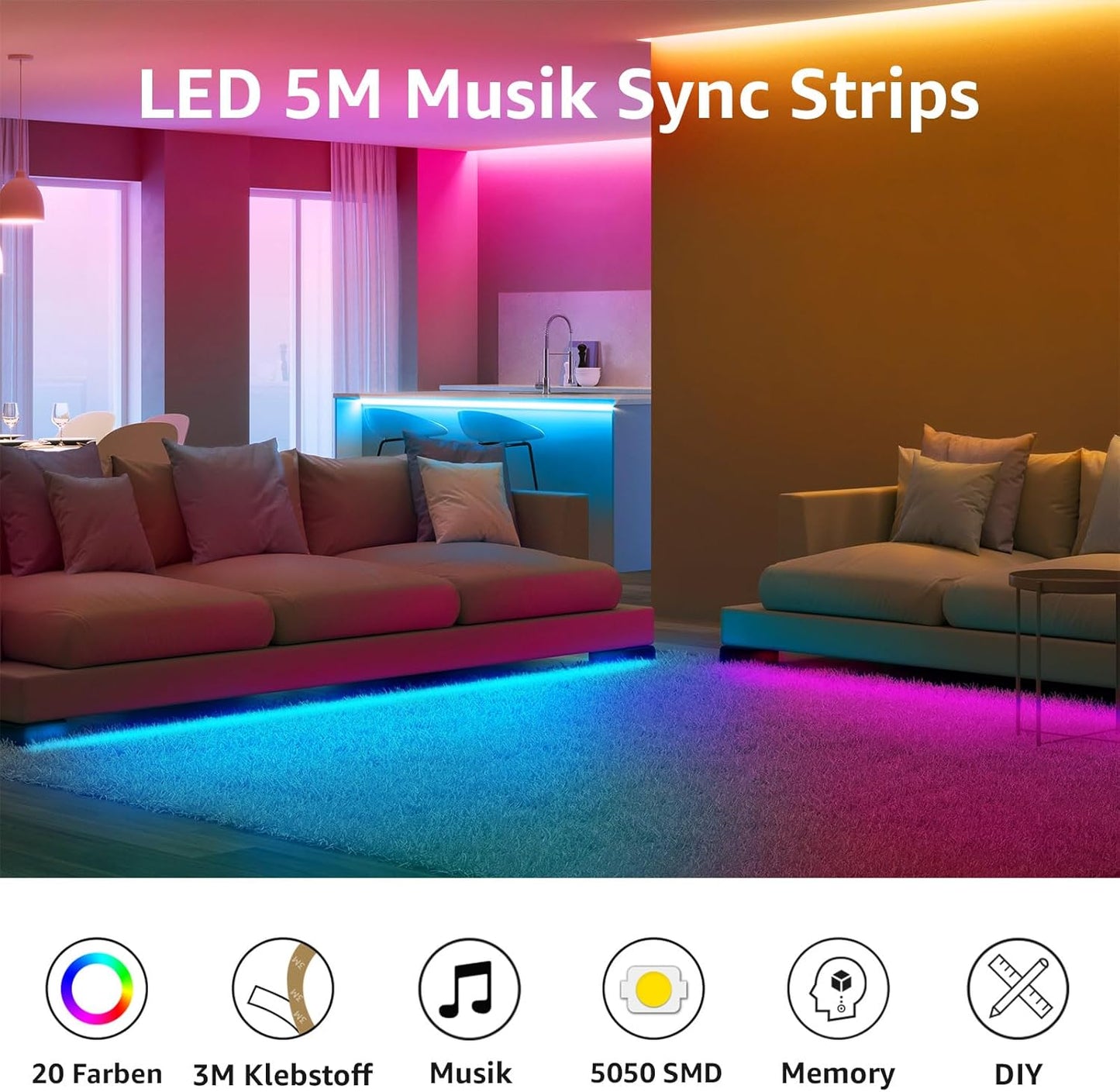 Lepro LED Strip 15M(2x7.5M), LED Streifen Musik Lichterkette mit Fernbedienung, Band Lichter, RGB Dimmbar Lichtleiste Light, Lichtband Leiste, Bunt Kette für Party Weihnachten Deko