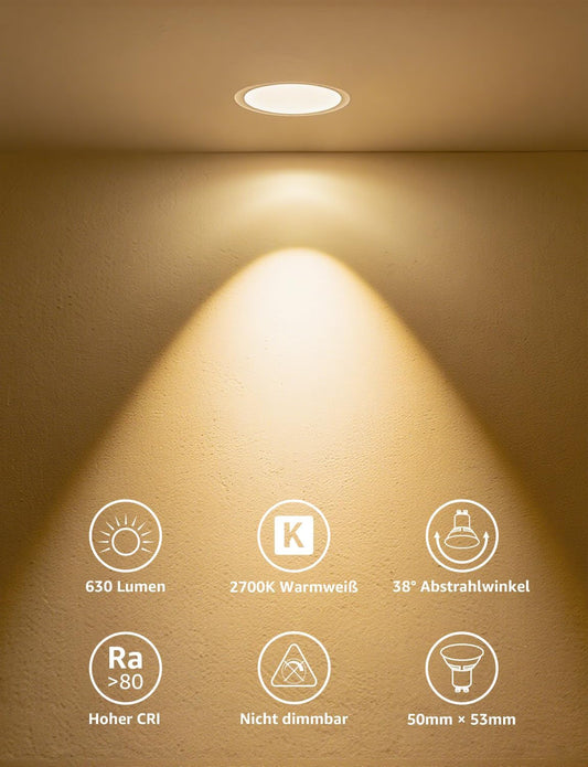 Lepro GU10 LED Warmweiss 6W Lampe, 2700K Warmweiß, 630 Lumen, 38° Abstrahlwinkel, Nicht dimmbar Reflektorlampe, Energiesparendes GU10 LED Leuchtmittel für Wohnzimmer, Küche, Schlafzimmer,8 Stück