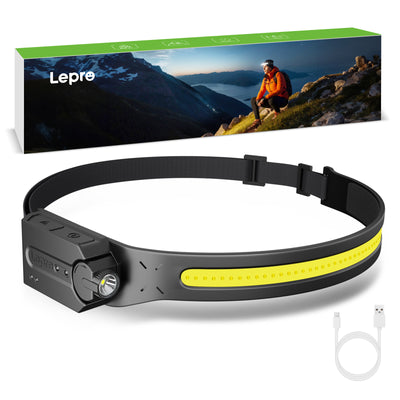 Lepro Stirnlampe Led Wiederaufladbar, Superhell 350 Lumen mit 5 Modi, 230°Weitwinkel Scheinwerfer mit Bewegungsmelder, 1200mAh Kopflampe, IP44 für Wandern Camping Joggen [inkl. USB-C Kabel]