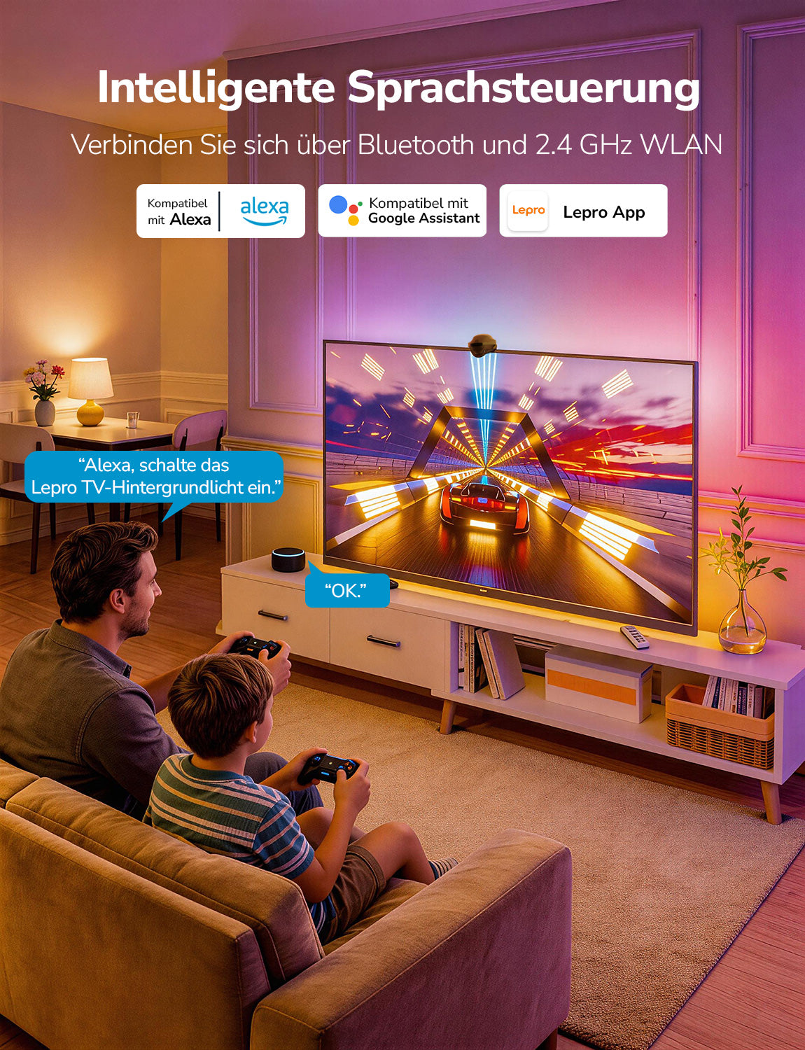 Lepro STV1 AI Smart TV Hintergrundbeleuchtung mit Kamera,LED Streifen für TVs, Geringe Latenz/Musiksynchronisation/Sprach und App-Steuerung RGBIC led Strip mit Ultraweitwinkelobjektiv