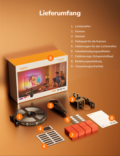 Lepro STV1 AI Smart TV Hintergrundbeleuchtung mit Kamera,LED Streifen für TVs, Geringe Latenz/Musiksynchronisation/Sprach und App-Steuerung RGBIC led Strip mit Ultraweitwinkelobjektiv