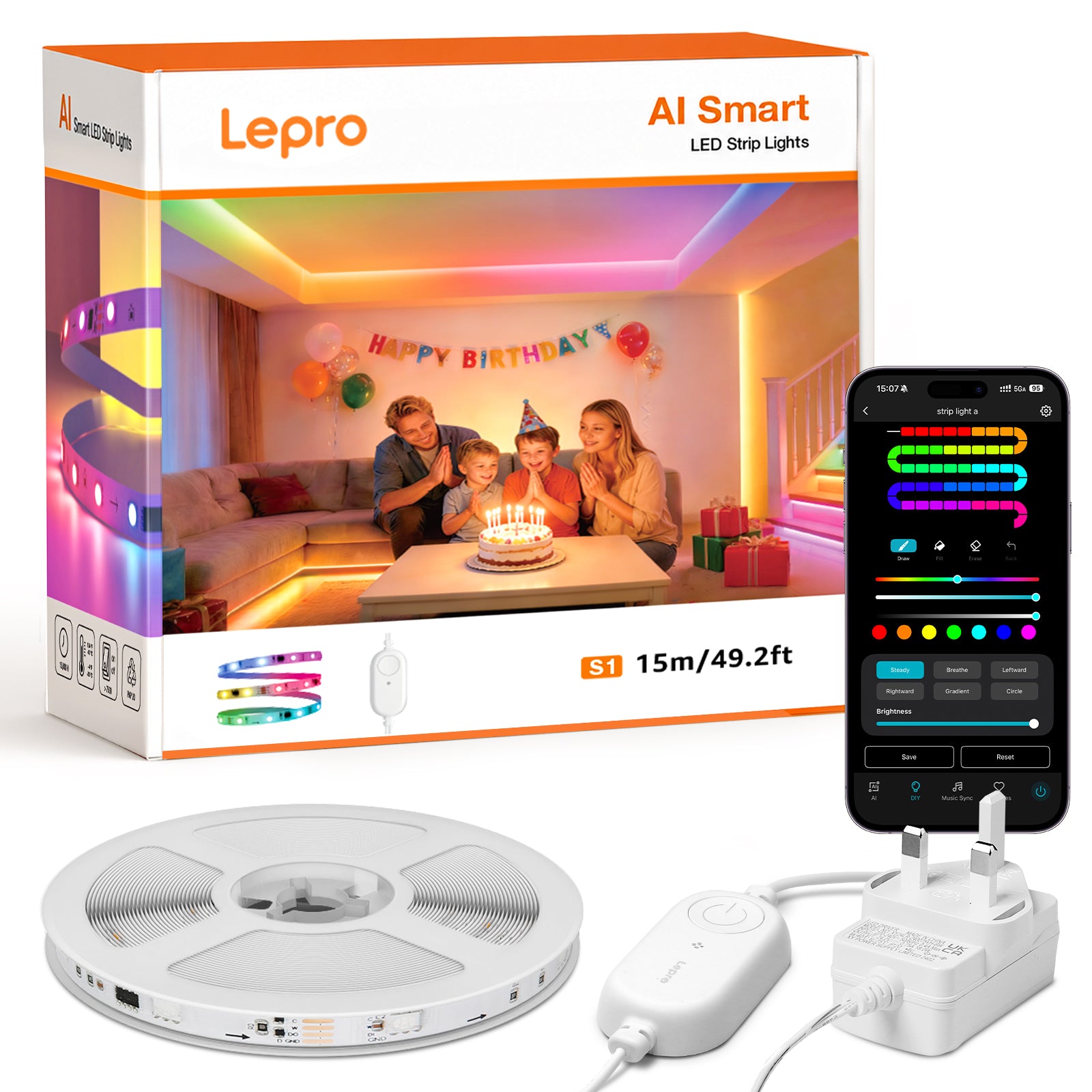 Lepro AI LED Streifen S1, MagicColor RGBIC 15M Smart LED Strip mit Personalisierter KI-Lichtdesigner, Musik-Sync, App-Steuerung kompatibel mit Alexa&Google Assistant, LED Lichterkette für Party&Gaming