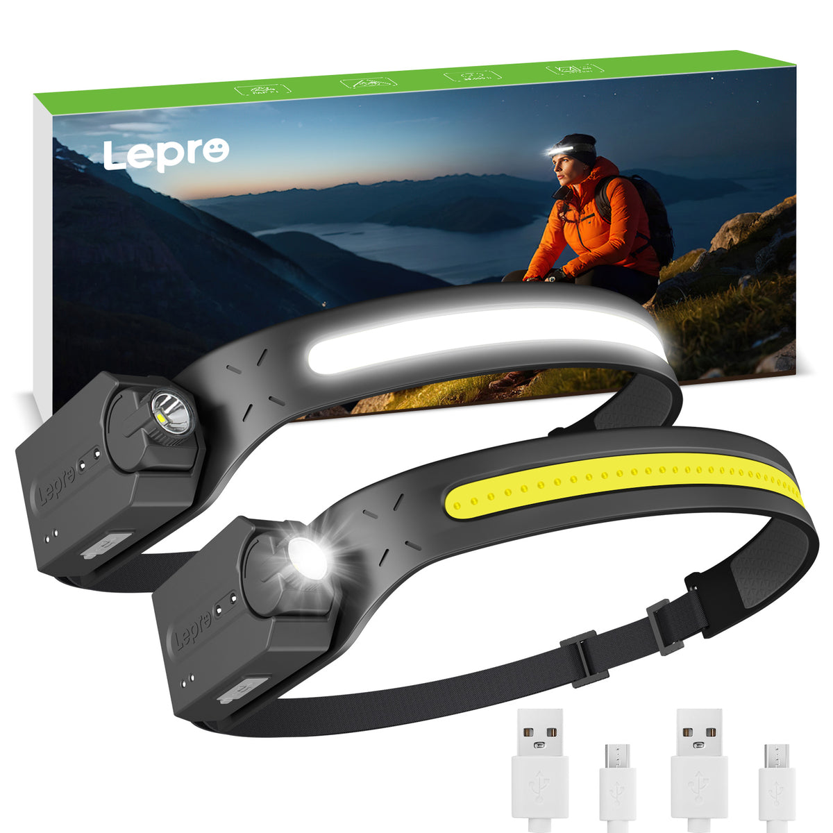 Lepro Stirnlampe Led Wiederaufladbar, Superhell 350 Lumen mit 5 Modi, 230°Weitwinkel Scheinwerfer mit Bewegungsmelder, 1200mAh Kopflampe, IP44 für Wandern Camping Joggen, 2 Stück [inkl. USB-C Kabel]