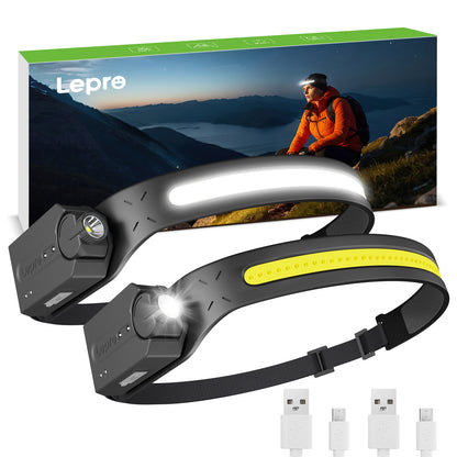 Lepro Stirnlampe Led Wiederaufladbar, Superhell 350 Lumen mit 5 Modi, 230°Weitwinkel Scheinwerfer mit Bewegungsmelder, 1200mAh Kopflampe, IP44 für Wandern Camping Joggen, 2 Stück [inkl. USB-C Kabel]