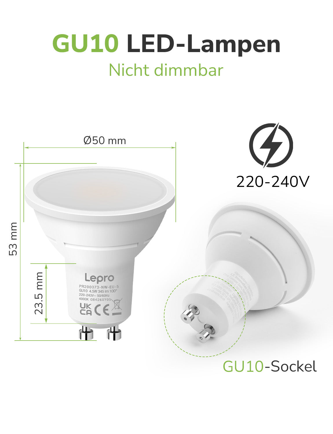 Lepro GU10 LED Neutralweiss Lampen, 4.5W 345lm, Nicht Dimmbar, 5 Stück [Energieklasse F]