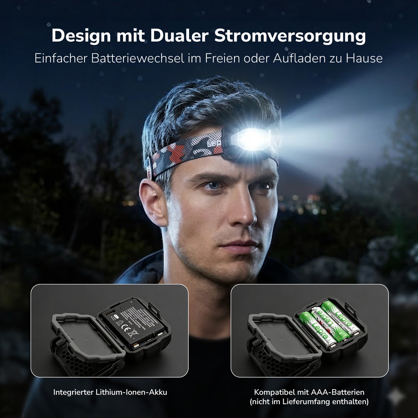Lepro 3W Stirnlampe LED Wiederaufladbar, Doppelte Stromversorgung Kopflampe mit USB-C und 3 AAA (Nicht Enthalten), 10 Modi & Rotlicht, IPX4 Wasserdicht, Leicht Stirnlampen Ideal für Camping