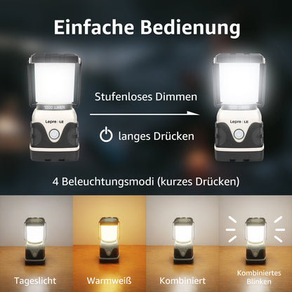 LE LED Campinglampe, Ultra Hell 1000 Lumen, 4 LeuchtmodiI Dimmbar Suchscheinwerfer, Batteriebetrieben Notfallleuchte für Stromausfällen, Wandern, Notfall, Ausfälle und so weiter, White