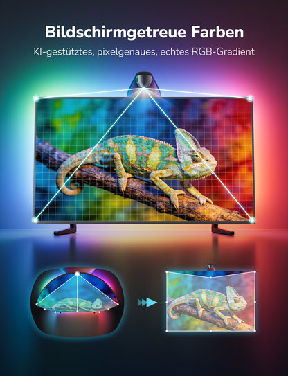Lepro STV1 AI Smart TV Hintergrundbeleuchtung mit Kamera,LED Streifen für TVs, Geringe Latenz/Musiksynchronisation/Sprach und App-Steuerung RGBIC led Strip mit Ultraweitwinkelobjektiv