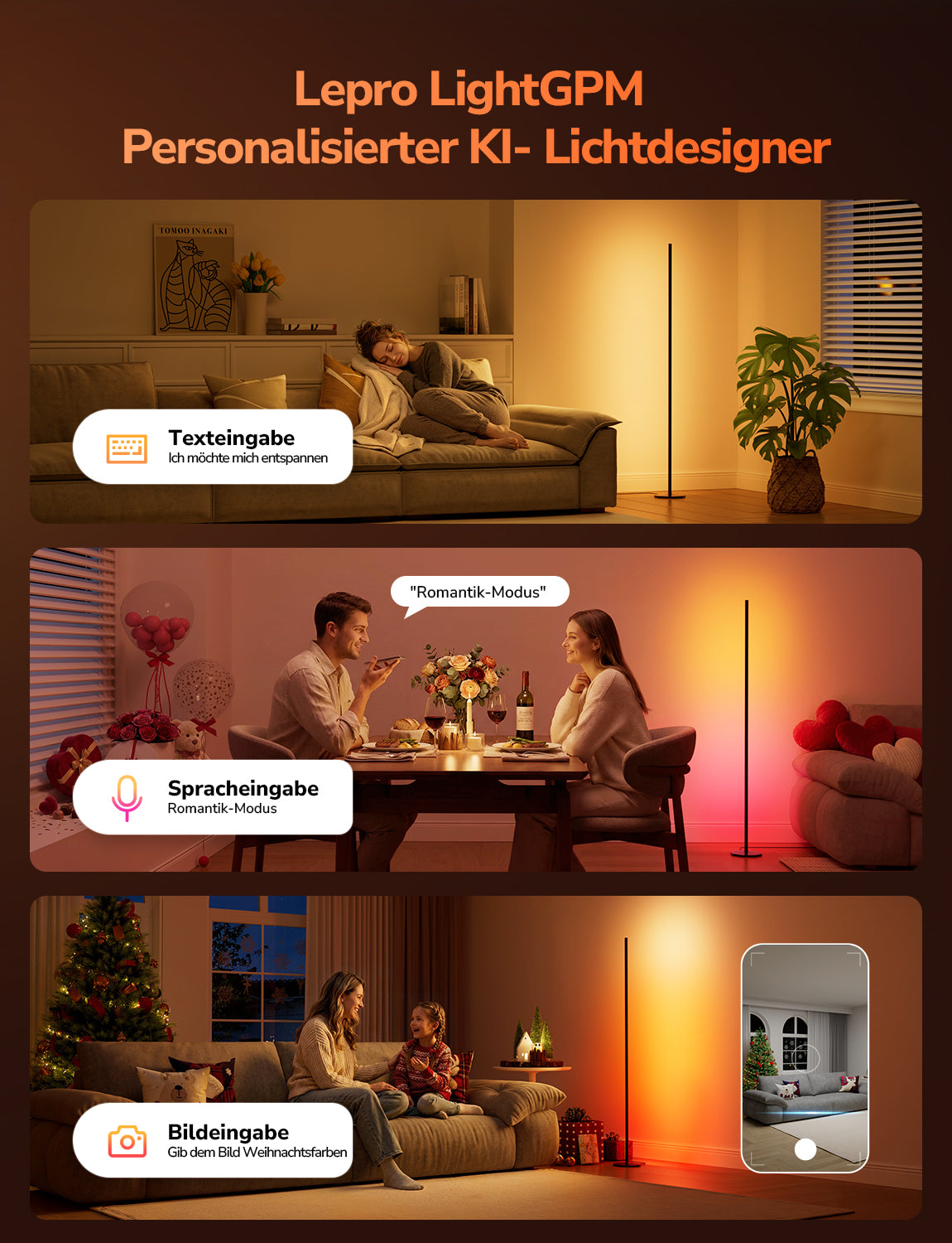 Lepro AI Smart Stehlampe Wohnzimmer OE1, Stehlampe Dimmbar, Sprachsteuerung/Musik Sync/DIY, Personalisierter KI-Lichtdesigner, Kompatibel mit Alexa/Google, 16 Millionen Farben