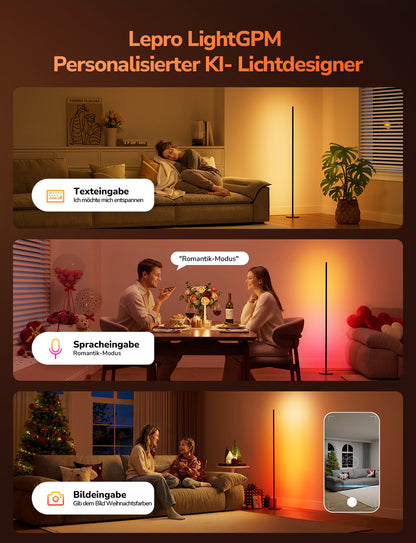 Lepro AI Smart Stehlampe Wohnzimmer OE1, Stehlampe Dimmbar, Sprachsteuerung/Musik Sync/DIY, Personalisierter KI-Lichtdesigner, Kompatibel mit Alexa/Google, 16 Millionen Farben