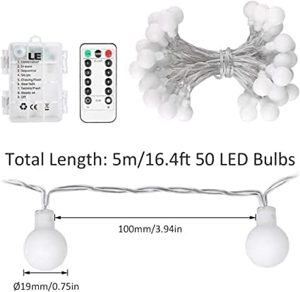 LE 50er LED Kugel Lichterkette 5M Warmweiss Dimmbar, Batteriebetrieben mit Fernbedienung, 8 Lichtmodi, Zeitschaltuhr und Merkfunktion, ideale für Innen, Hochzeit, Party Deko usw.mmer, Party Deko usw.