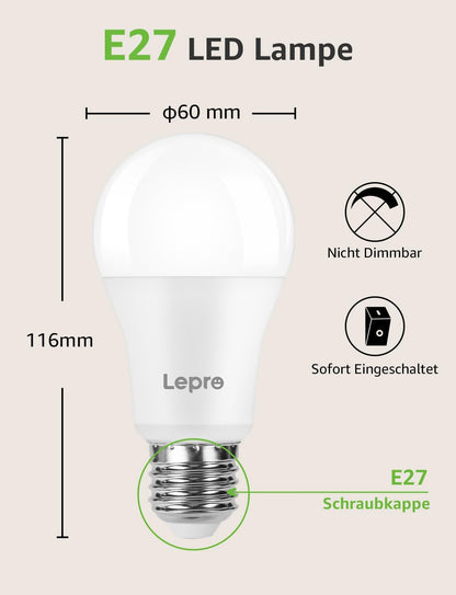 Lepro 13.5W E27 LED Warmweiss, ersetzt 100W Halogenlampe, 1521 Lumen Glühbirne E27, 2700K Warmweiß A60 LED Birne, 200° Energiesparlampe, Nicht Dimmbar, 6 Stück [Energieklasse E]