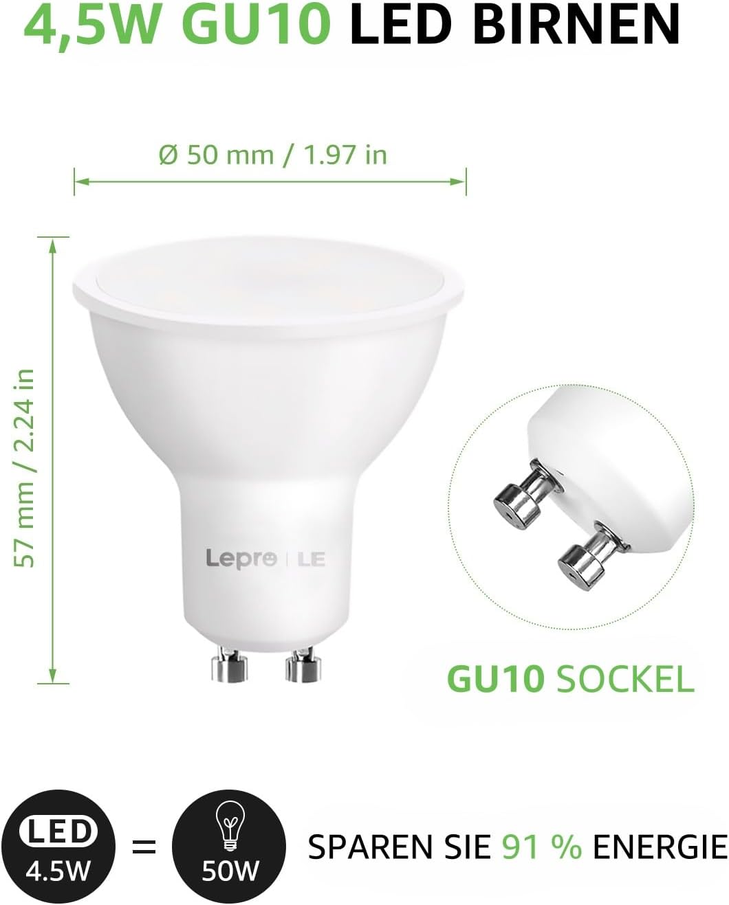 Lepro 4.5W Smart GU10 LED Lampen Warmweiß und Kaltweiß Dimmbar LED Leuchtmittel, Wlan LED Birnen, Ersatz für 50W Halogenglühlampe, kompatibel mit Alexa und Google Home, 2 Pack
