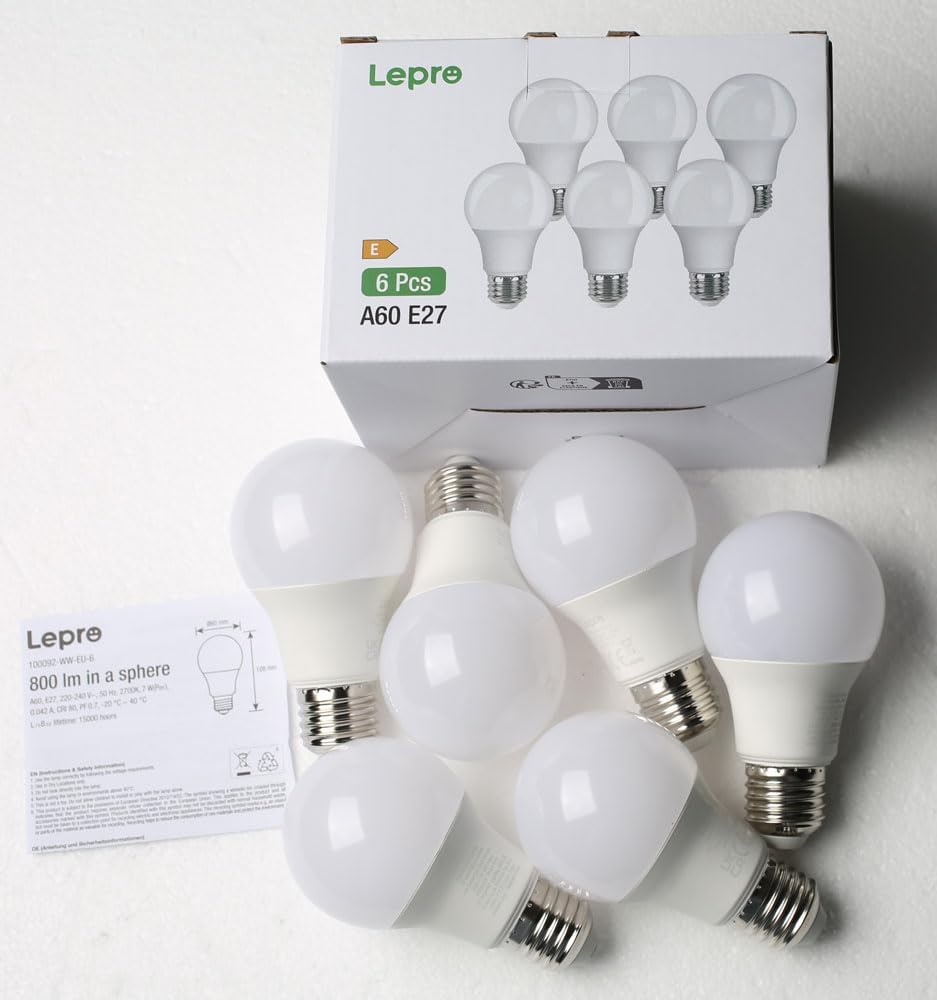 Lepro E27 LED Warmweiss Dimmbar Glühbirne, 8.5 Watt 806 Lumen Leuchtmittel, ersetzt 60W Halogenlampe, 2700K Warmweiß, A60 LED Birne Lampe, 180°Abstrahlwinkel, Energiesparlampe, 6 Stück
