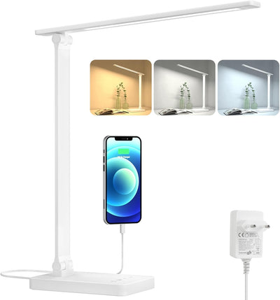 Lepro Schreibtischlampe, LED Tischlampe 15W, 655LM Tischleuchte 3 Farben und 5 Helligkeitsstufen Dimmbar mit USB-Anschluss, Schreibtischleuchte Augenschutz, Leselicht für Zimmer Büro, Weiß