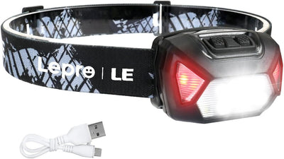 Lepro Stirnlampe LED Wiederaufladbar, 2000 Lux Superhell Kopflampe Stirnlampe mit Rotlicht und 6 Lichtmodi, IPX4 Wasserdicht Stirnleuchte, Ideal für Camping&Joggen, Schwarz [inkl. USB Kabel]