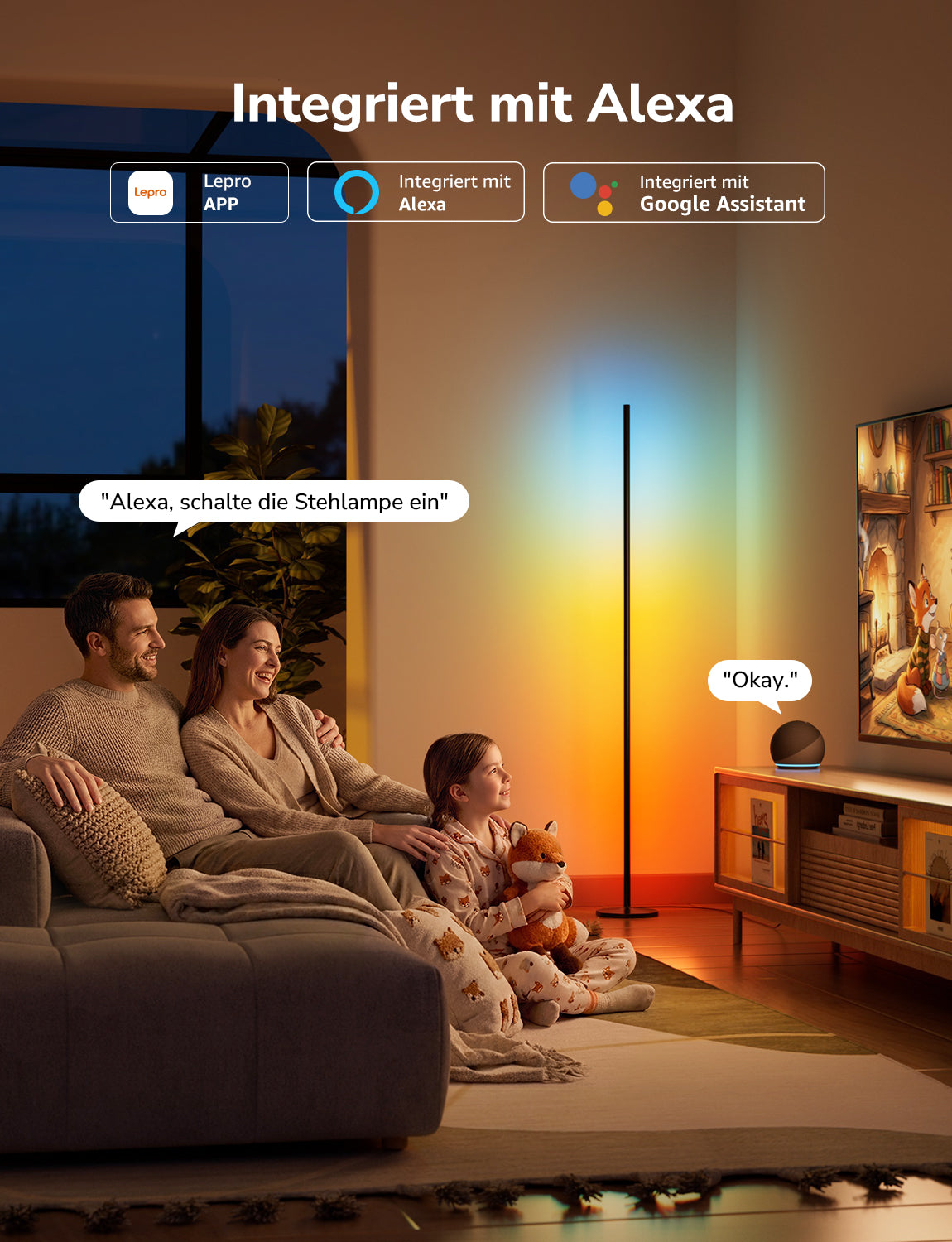 Lepro AI Smart Stehlampe Wohnzimmer OE1, Stehlampe Dimmbar, Sprachsteuerung/Musik Sync/DIY, Personalisierter KI-Lichtdesigner, Kompatibel mit Alexa/Google, 16 Millionen Farben
