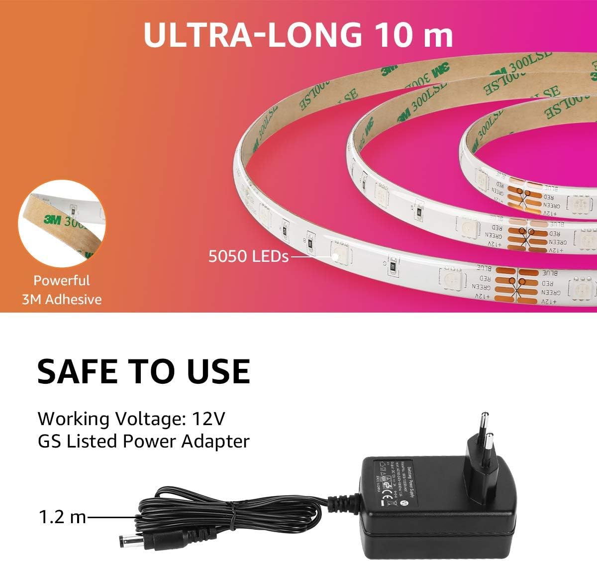 Lepro LED Strip 10M(2x5M) RGB Set, 5050 SMD 300 LEDs Streifen, 12V, LED Band Selbstklebend, Flexibel LED Lichtband, LED Lichterkette IP20, LED Leiste Kette Dimmbar, Netzteil und Controller enthalten