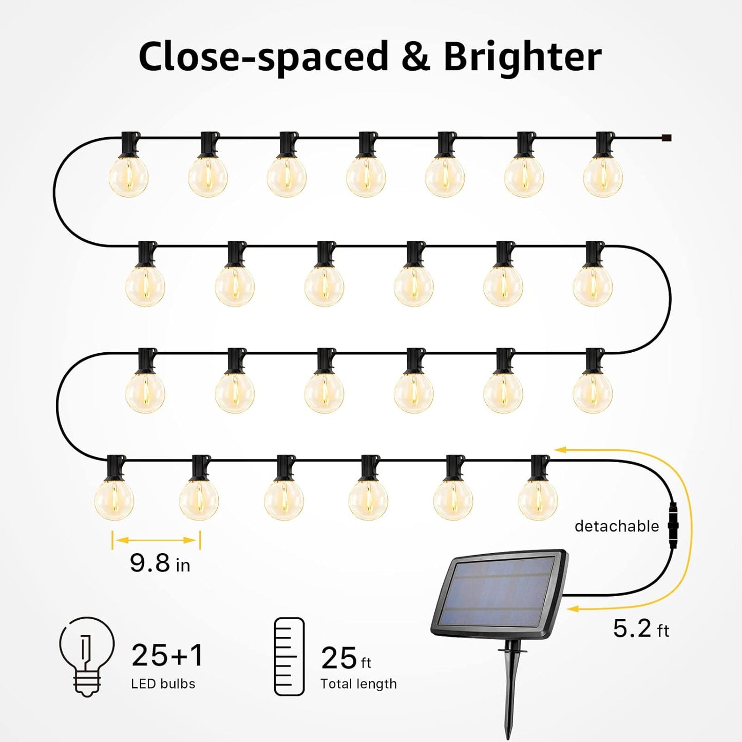 LE Solar Lichterkette mit G40 LED-Lampen für Außen, 7,62 m, 25 LEDs, USB aufladbar, 4 Modi, für Garten, Balkon, Hochzeit & Weihnachtsdeko, warmweiß
