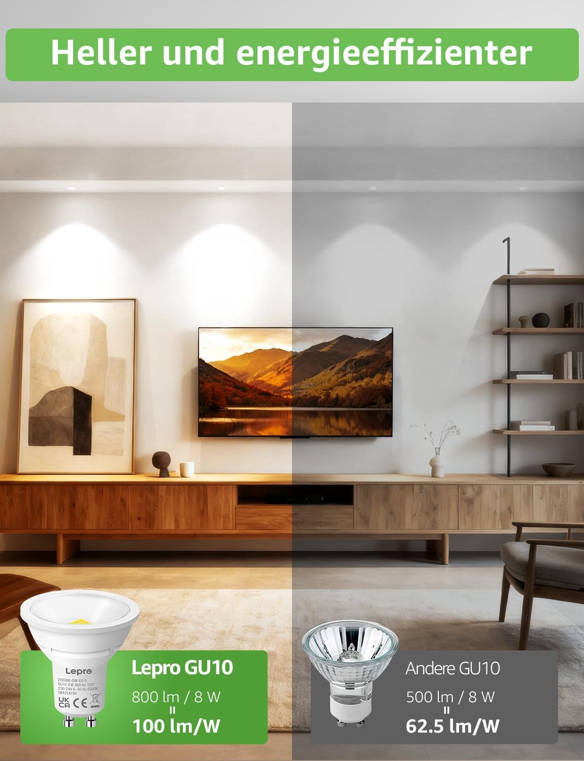 Lepro GU10 LED Kaltwei? 8W Lampe, 800 lm, 6500K Tageslichtwei?, 100¡ã Abstrahlwinkel, Nicht dimmbar, Energiesparendes GU10 LED Leuchtmittel f¨¹r B¨¹ro, Keller, Garage, Flur, Arbeitszimmer, 5 St¨¹ck