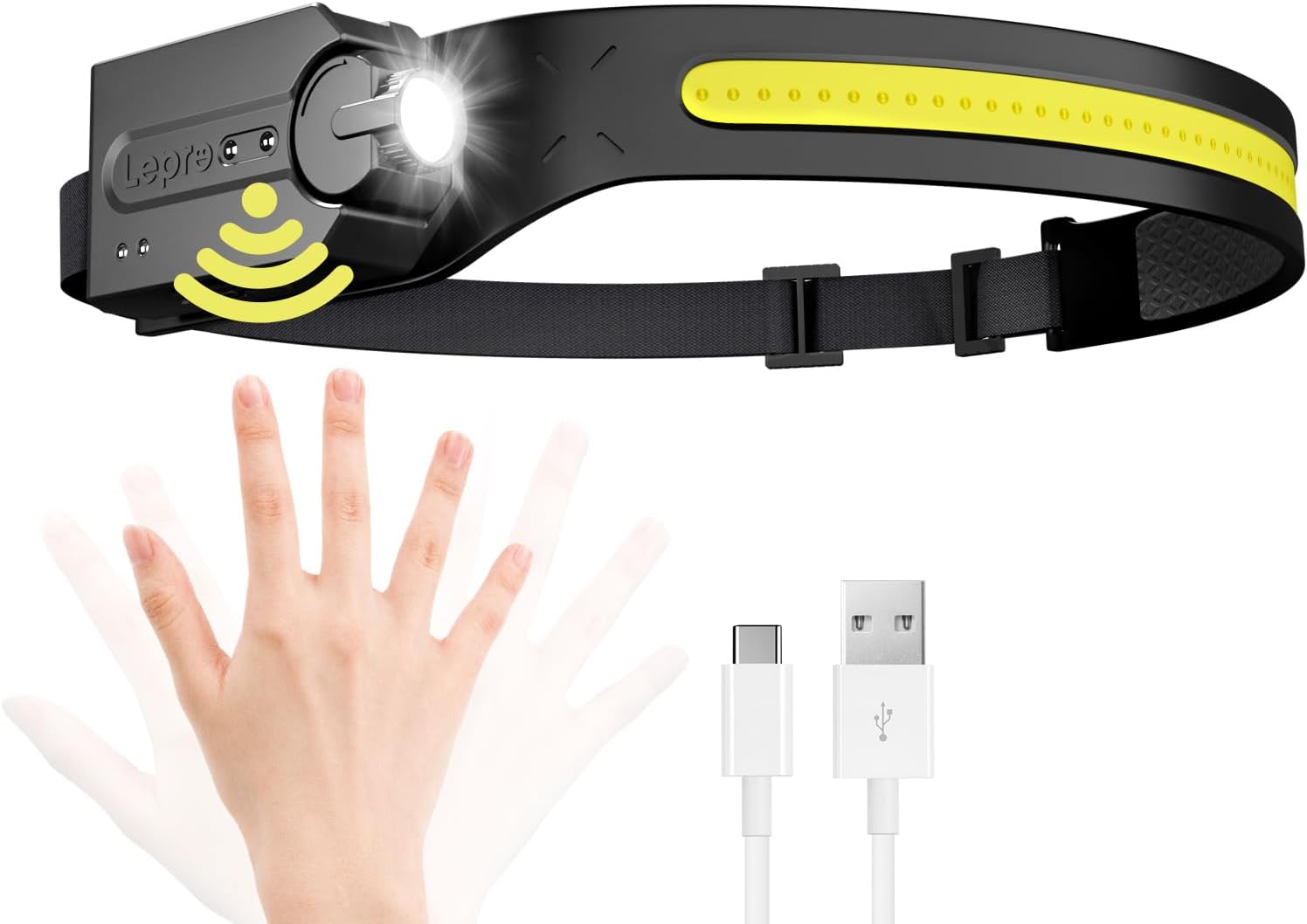 Lepro Stirnlampe Led Wiederaufladbar, Superhell 350 Lumen mit 5 Modi, 230°Weitwinkel Scheinwerfer mit Bewegungsmelder, 1200mAh Kopflampe, IP44 für Wandern Camping Joggen, 2 Stück [inkl. USB-C Kabel]
