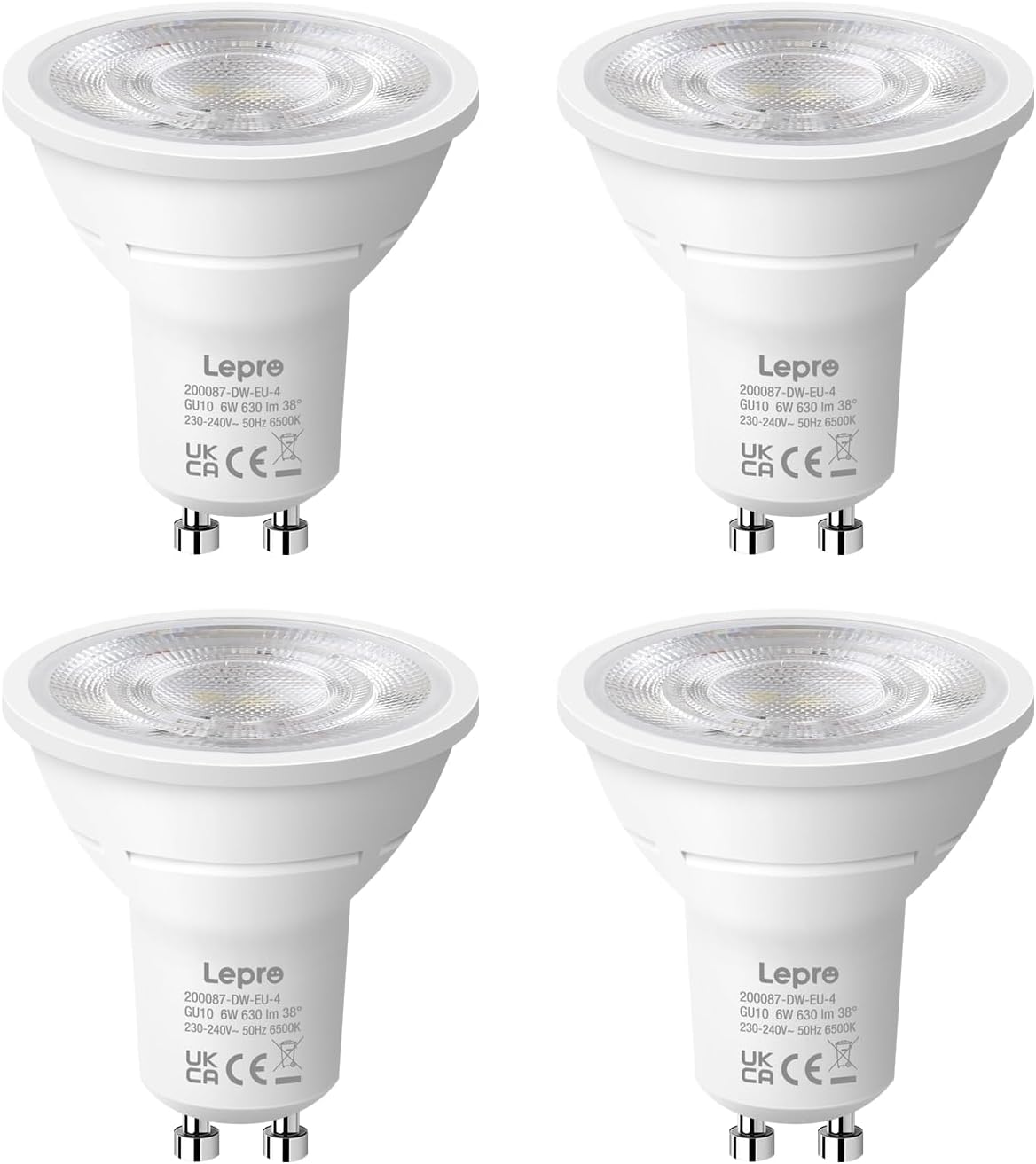 Lepro GU10 LED Kaltweiß 6W Lampe, 6500K Tageslichtweiß, 630 Lumen, 38° Abstrahlwinkel, Nicht dimmbar Reflektorlampe, Energiesparendes GU10 LED Leuchtmittel für Büro, Arbeitszimmer, Flur,4 Stück