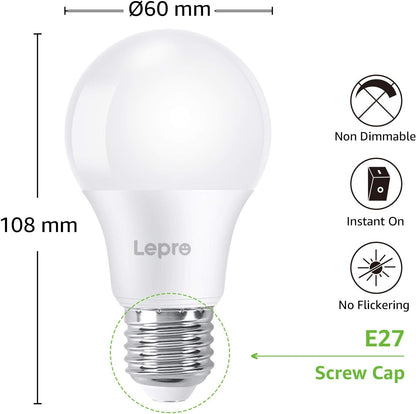 Lepro E27 LED Warmweiss Gl¨¹hbirne, 7.5 Watt ersetzt 60W Halogenlampe, 750 Lumen Birne, A60 LED Lampe, 2700 Kelvin Warmwei?, 200¡ã Abstrahlwinkel Energiesparlampe, 6 St¨¹ck
