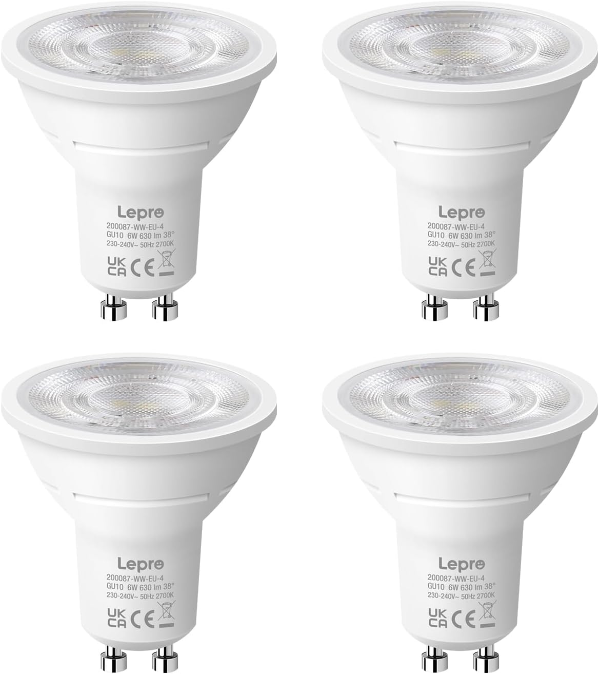 Lepro GU10 LED Warmweiss 6W Lampe, 2700K Warmweiß, 630 Lumen, 38° Abstrahlwinkel, Nicht dimmbar Reflektorlampe, Energiesparendes GU10 LED Leuchtmittel für Wohnzimmer, Küche, Schlafzimmer,4 Stück