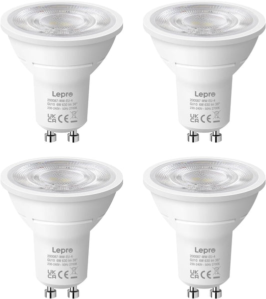 Lepro GU10 LED Warmweiss 6W Lampe, 2700K Warmweiß, 630 Lumen, 38° Abstrahlwinkel, Nicht dimmbar Reflektorlampe, Energiesparendes GU10 LED Leuchtmittel für Wohnzimmer, Küche, Schlafzimmer,4 Stück
