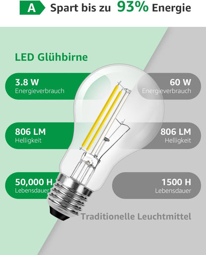Lepro Energieklasse A E27 LED Warmweiss, 3.8W 806 Lumen Glühbirne E27, Nicht Dimmbar, A60 Led Birne, 2700 Kelvin Warmweiß, 300° Abstrahlwinkel Energiesparlampe, ersetzt 60W Leuchtmittel, 2 Stück