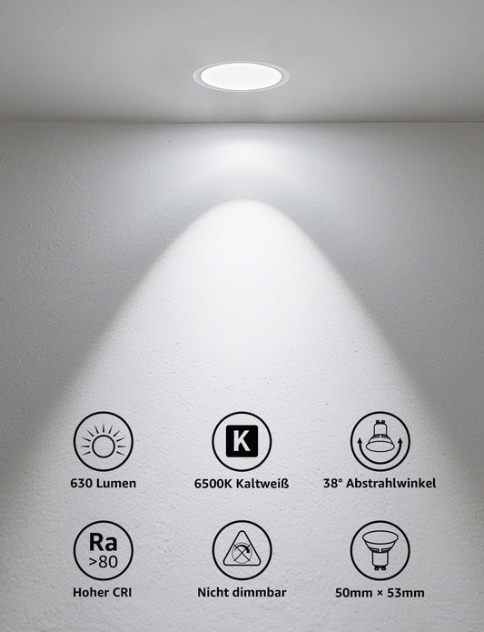 Lepro GU10 LED Kaltweiß 6W Lampe, 6500K Tageslichtweiß, 630 Lumen, 38° Abstrahlwinkel, Nicht dimmbar Reflektorlampe, Energiesparendes GU10 LED Leuchtmittel für Büro, Arbeitszimmer, Flur,8 Stück