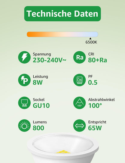 Lepro GU10 LED Kaltwei? 8W Lampe, 800 lm, 6500K Tageslichtwei?, 100¡ã Abstrahlwinkel, Nicht dimmbar, Energiesparendes GU10 LED Leuchtmittel f¨¹r B¨¹ro, Keller, Garage, Flur, Arbeitszimmer, 5 St¨¹ck
