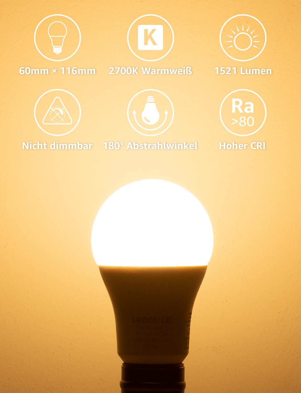 Lepro 13.5W E27 LED Warmweiss, ersetzt 100W Halogenlampe, 1521 Lumen Glühbirne E27, 2700K Warmweiß A60 LED Birne, 200° Energiesparlampe, Nicht Dimmbar, 6 Stück [Energieklasse E]