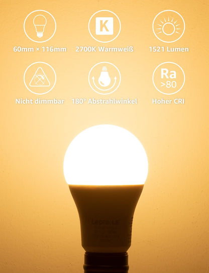Lepro 13.5W E27 LED Warmweiss, ersetzt 100W Halogenlampe, 1521 Lumen Glühbirne E27, 2700K Warmweiß A60 LED Birne, 200° Energiesparlampe, Nicht Dimmbar, 12 Stück [Energieklasse E]