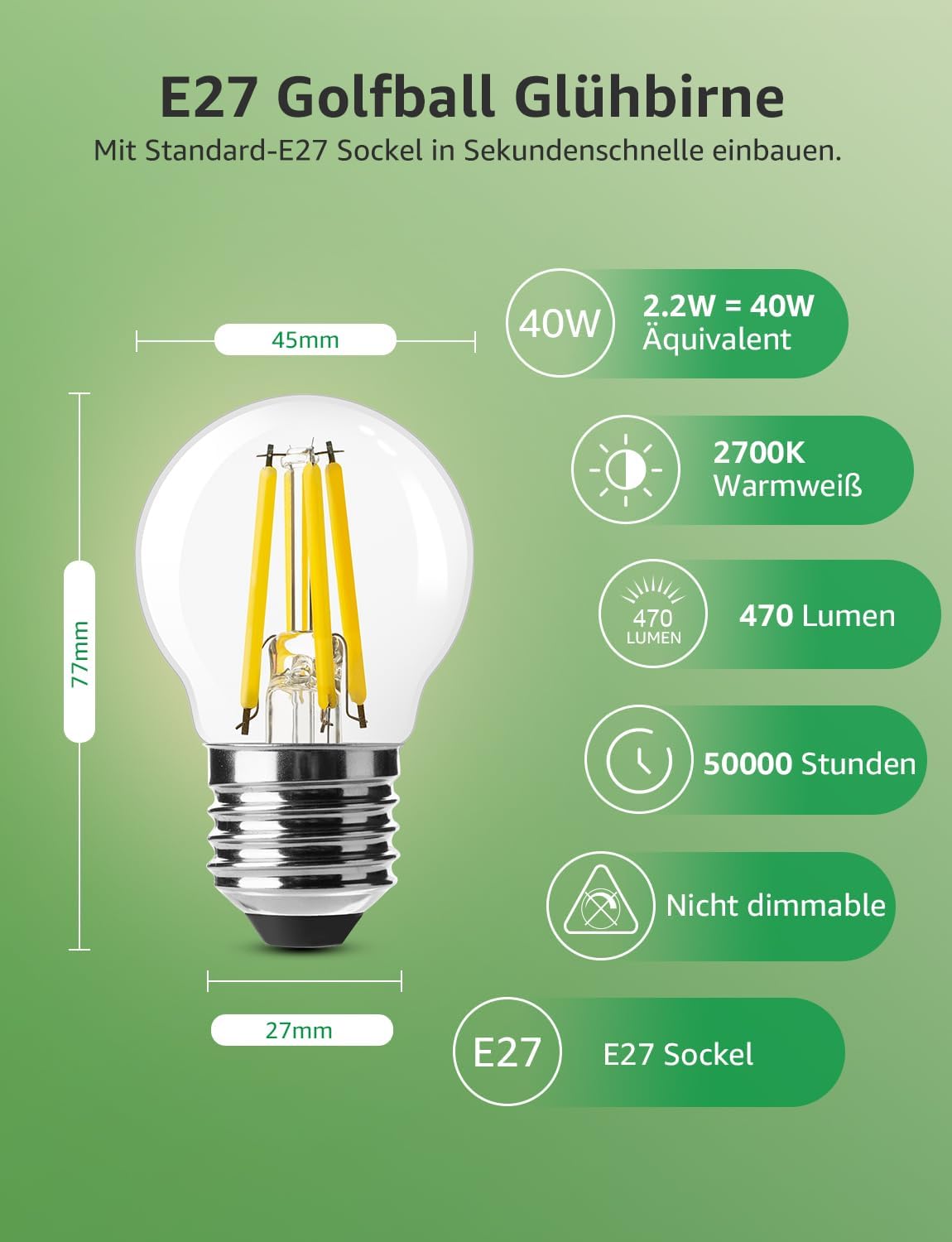 Lepro Energieklasse A E27 LED Warmweiss, 2.2W 470 Lumen Glühbirne E27, Nicht Dimmbar, G45 Led Birne, 2700 Kelvin Warmweiß, 300° Abstrahlwinkel Energiesparlampe, ersetzt 40W Leuchtmittel, 4 Stück