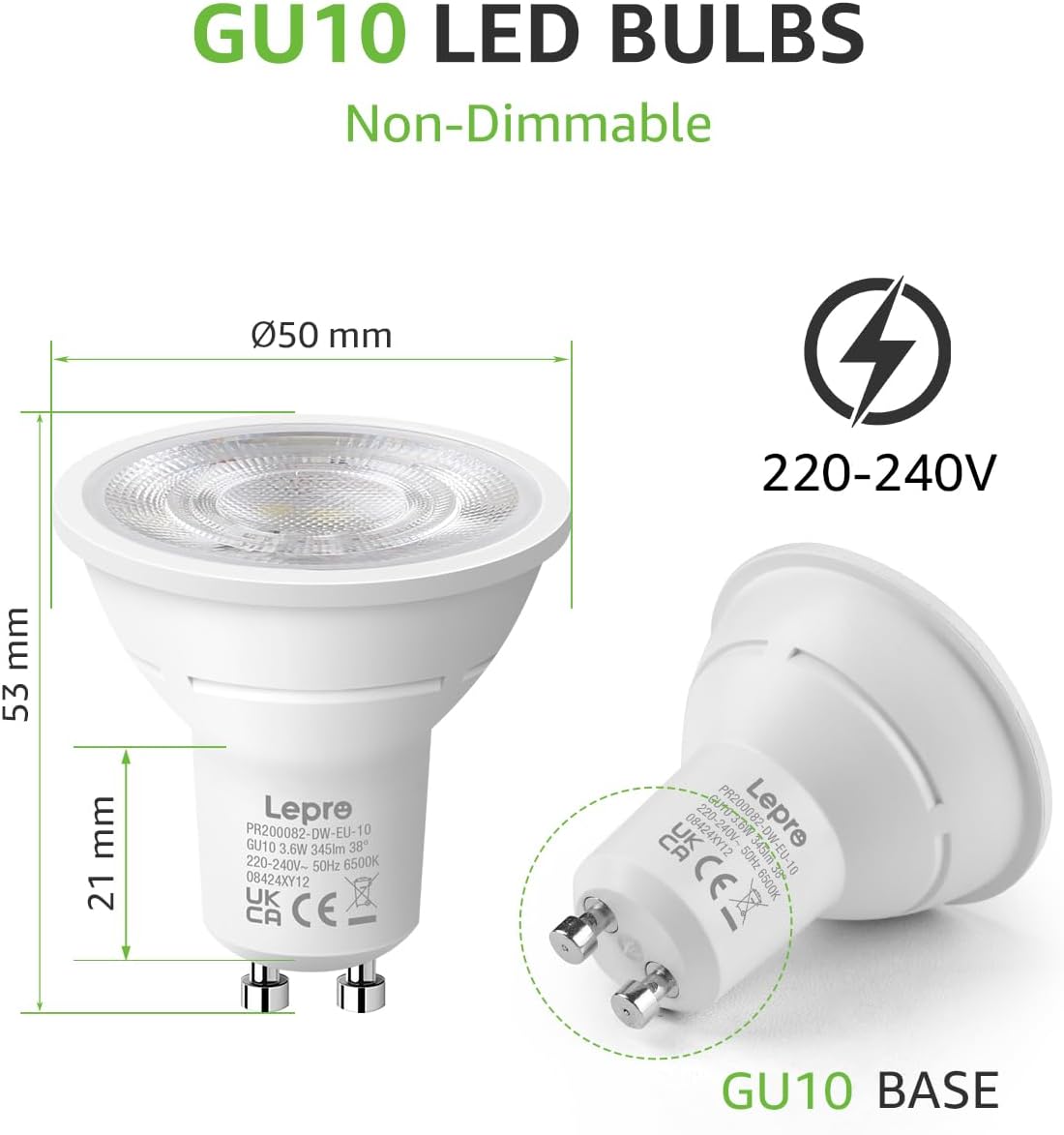 Lepro GU10 LED Kaltwei? Lampe 3.6W, 6500K, 345 Lumen, 38¡ã Spot, CRI>80, Nicht dimmbar, Energiesparend >92%, LED Reflektorlampe, Ersatz f¨¹r 50W Lampen, 10er Pack