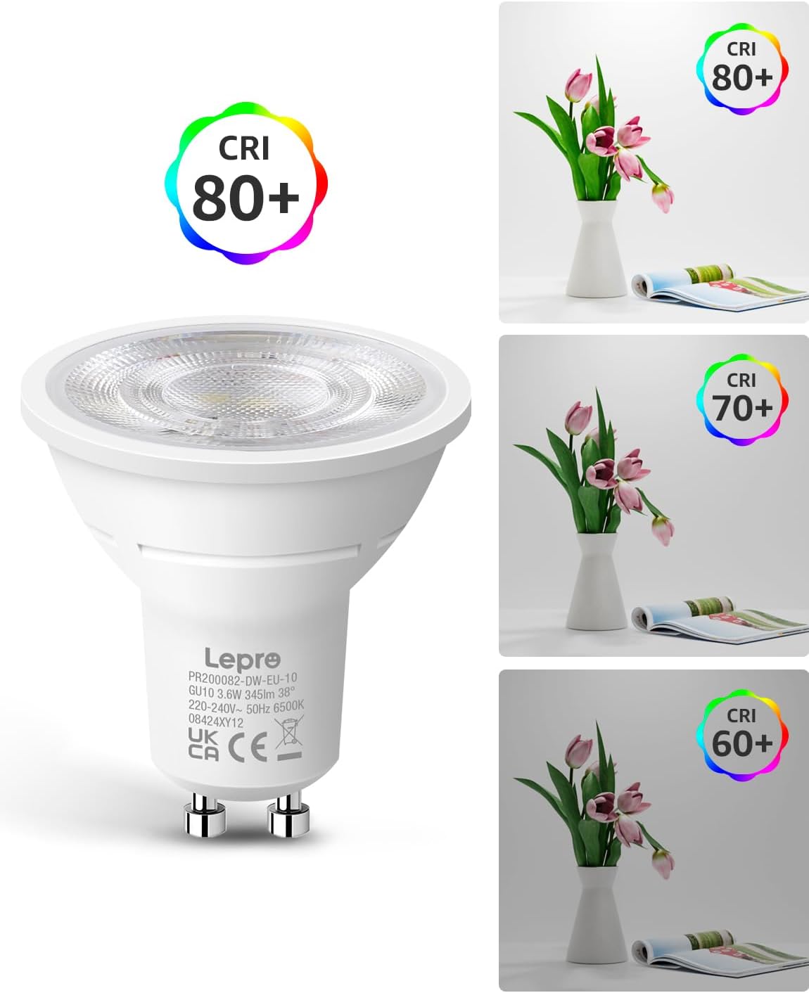Lepro GU10 LED Kaltwei? Lampe 3.6W, 6500K, 345 Lumen, 38¡ã Spot, CRI>80, Nicht dimmbar, Energiesparend >92%, LED Reflektorlampe, Ersatz f¨¹r 50W Lampen, 10er Pack