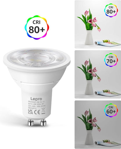 Lepro GU10 LED Kaltwei? Lampe 3.6W, 6500K, 345 Lumen, 38¡ã Spot, CRI>80, Nicht dimmbar, Energiesparend >92%, LED Reflektorlampe, Ersatz f¨¹r 50W Lampen, 10er Pack