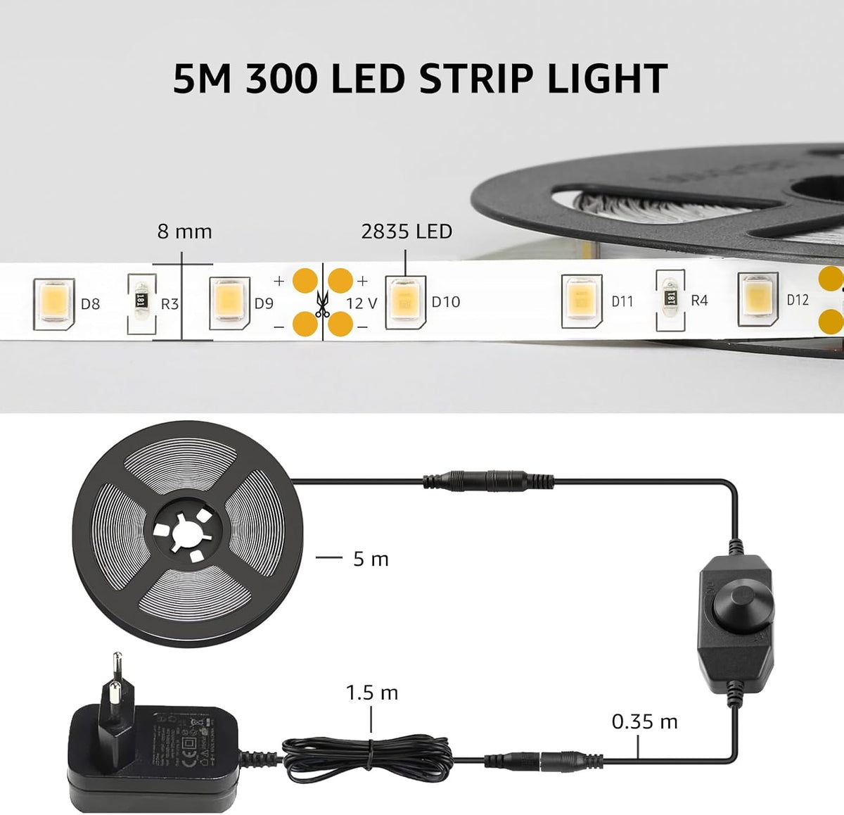Lepro LED Strip Kaltweiß 5M, LED Streifen Kaltweiss 6000K Dimmbar, 300 LEDs, 12V Selbstklebend, IP20 LED Band, Weiß Flexible DIY Leiste, LED Lichtband Kette mit Netzteil für Innen Küche Dekoration