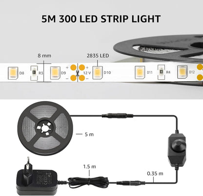 Lepro LED Strip Kaltweiß 5M, LED Streifen Kaltweiss 6000K Dimmbar, 300 LEDs, 12V Selbstklebend, IP20 LED Band, Weiß Flexible DIY Leiste, LED Lichtband Kette mit Netzteil für Innen Küche Dekoration