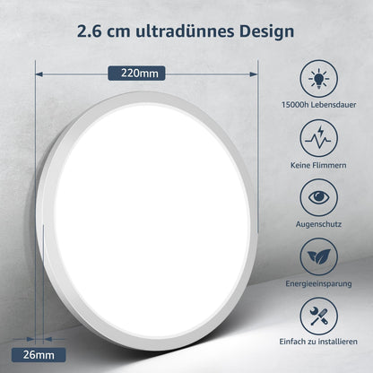 Lepro Deckenlampe 18W, IP44 Wasserfest Deckenleuchte，5000K 1800LM Badezimmer Lampe, Kaltweiß Deckenleuchte Badezimmer, ideal Badezimmerlampe Decke für Bad Schlafzimmer Flur Wohnzimmer, Ø22cm, 2 Stücke