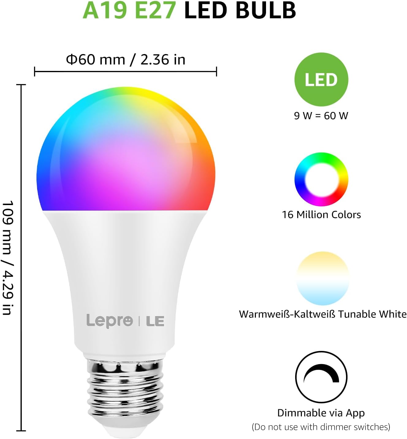 Lepro 9W E27 LED Lampe, Bluetooth APP-Steuerung Dimmbar RGBCW Birne, RGB & Warmwei?, 16 Farben, entspricht 60 W, 2700K bis Kaltwei? Kelvin LED Leuchtmittel [Energieklasse F]