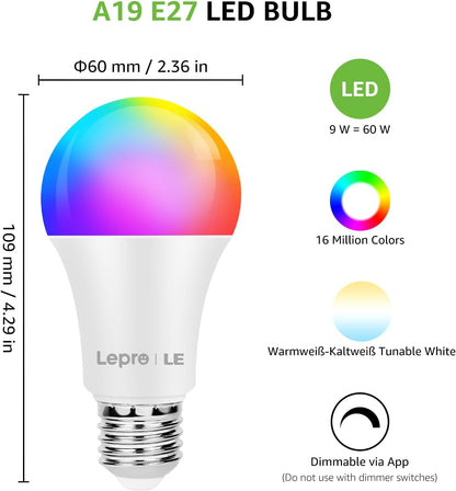 Lepro 9W E27 LED Lampe, Bluetooth APP-Steuerung Dimmbar RGBCW Birne, RGB & Warmwei?, 16 Farben, entspricht 60 W, 2700K bis Kaltwei? Kelvin LED Leuchtmittel [Energieklasse F]