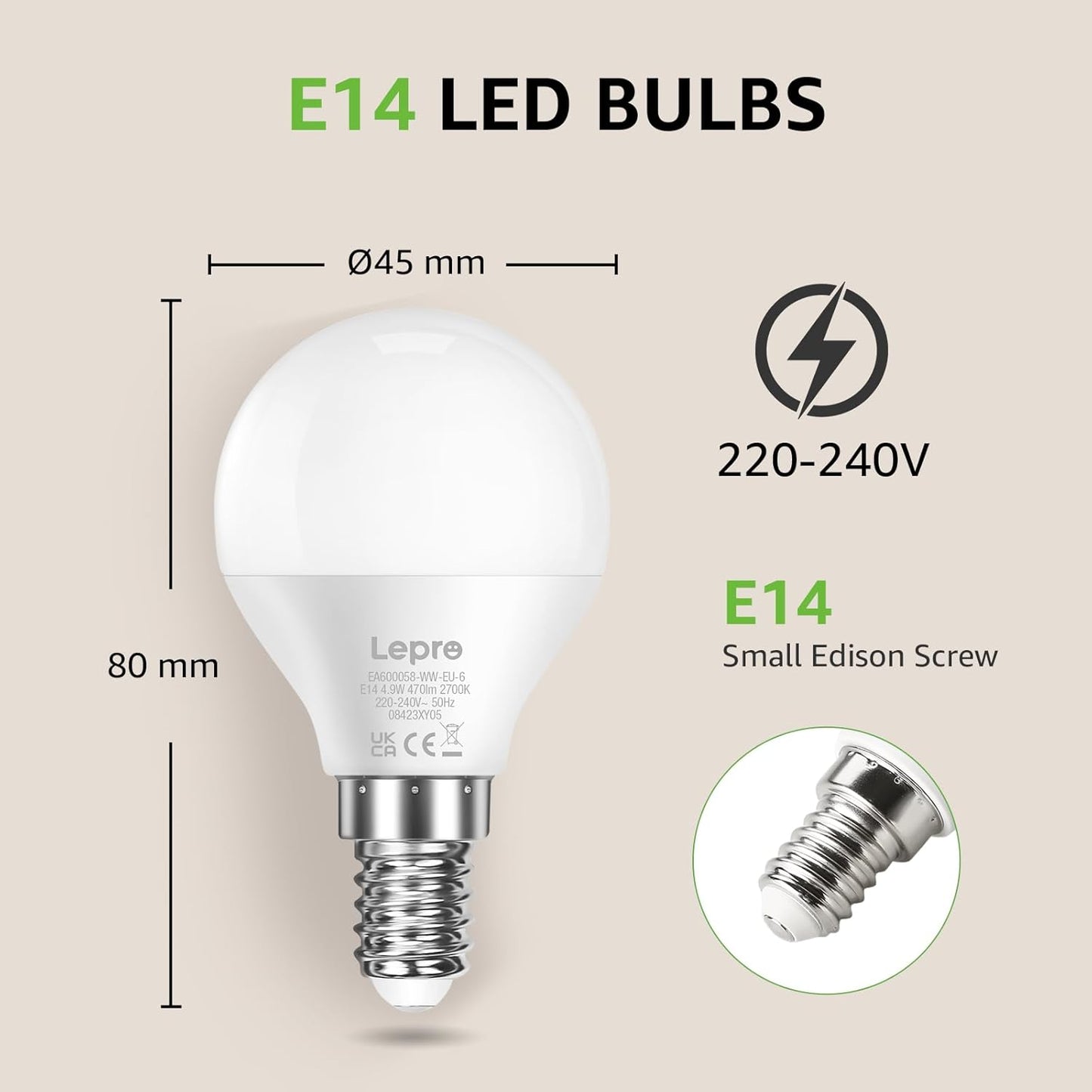 Lepro E14 LED Lampe, 3er-Pack, 4.9W 470 Lumen Glühbirne,entspricht 40W Glühlampe, 2700 Kelvin Warmweiß, P45 180° Abstrahlwinkel Energiesparlampe (Copy)
