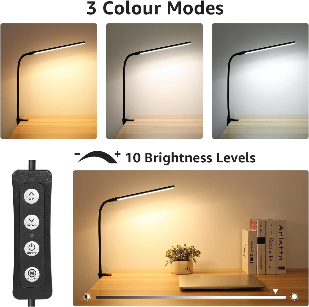 Lepro LED Schreibtischlampe Klemmbar, Tischlampe Architektenlampe mit Schwenkarm, Augenschutz Klemmleuchte USB, 3 Farben & 10 Helligkeitsstufen Dimmbar Tischleuchte für Büro, Schwarz