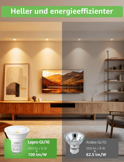 Lepro GU10 LED Warmweiss 8W Lampe, 800 lm, 2700K Warmwei?, 100¡ã Abstrahlwinkel, Nicht dimmbar, Energiesparendes GU10 LED Leuchtmittel f¨¹r Flur, Eingangsbereich, Wohnzimmer, Schlafzimmer, 5 St¨¹ck
