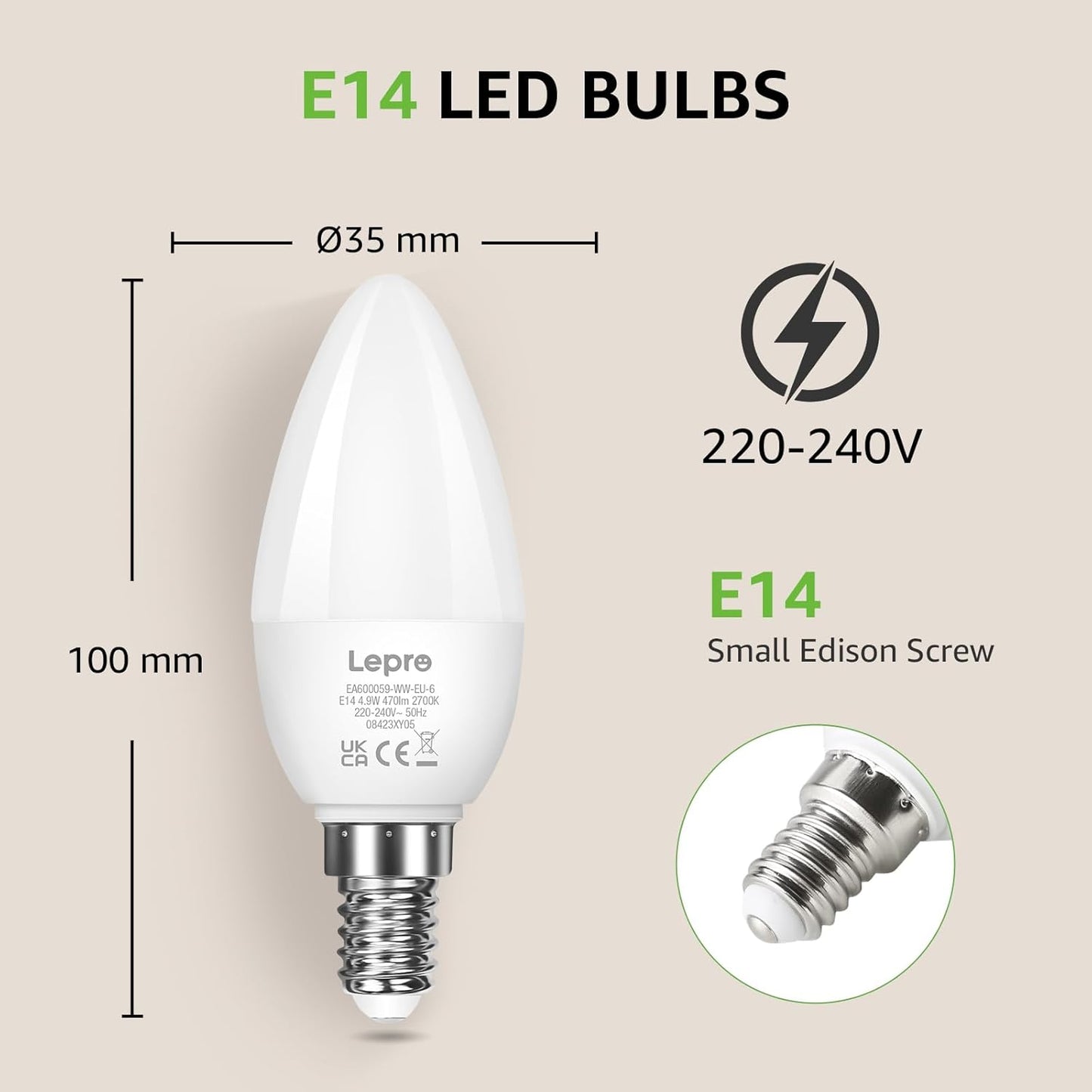 Lepro E14 LED, E14 LED Warmweiss, LED E14 4.9W, Glühbirne E14 470 Lumen, 6er-Pack, ersetzt 40W Birne, C37 2700K Warmweiß Glühlampe E14, 200° Leuchtmittel E14, Kerzenleuchten