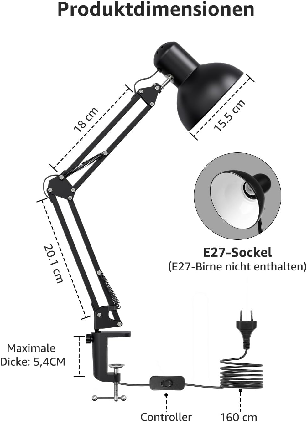 Lepro Schreibtischlampe Retro, Klemmbare Tischlampe E27, LED Büro Leselampe Nachttischlampe Verstellbare, Gelenk-Arm, schwenkbar, Tageslichtlampe Schreibtisch leuchte, HxBxT: 38 x 15 x 27cm, Schwarz